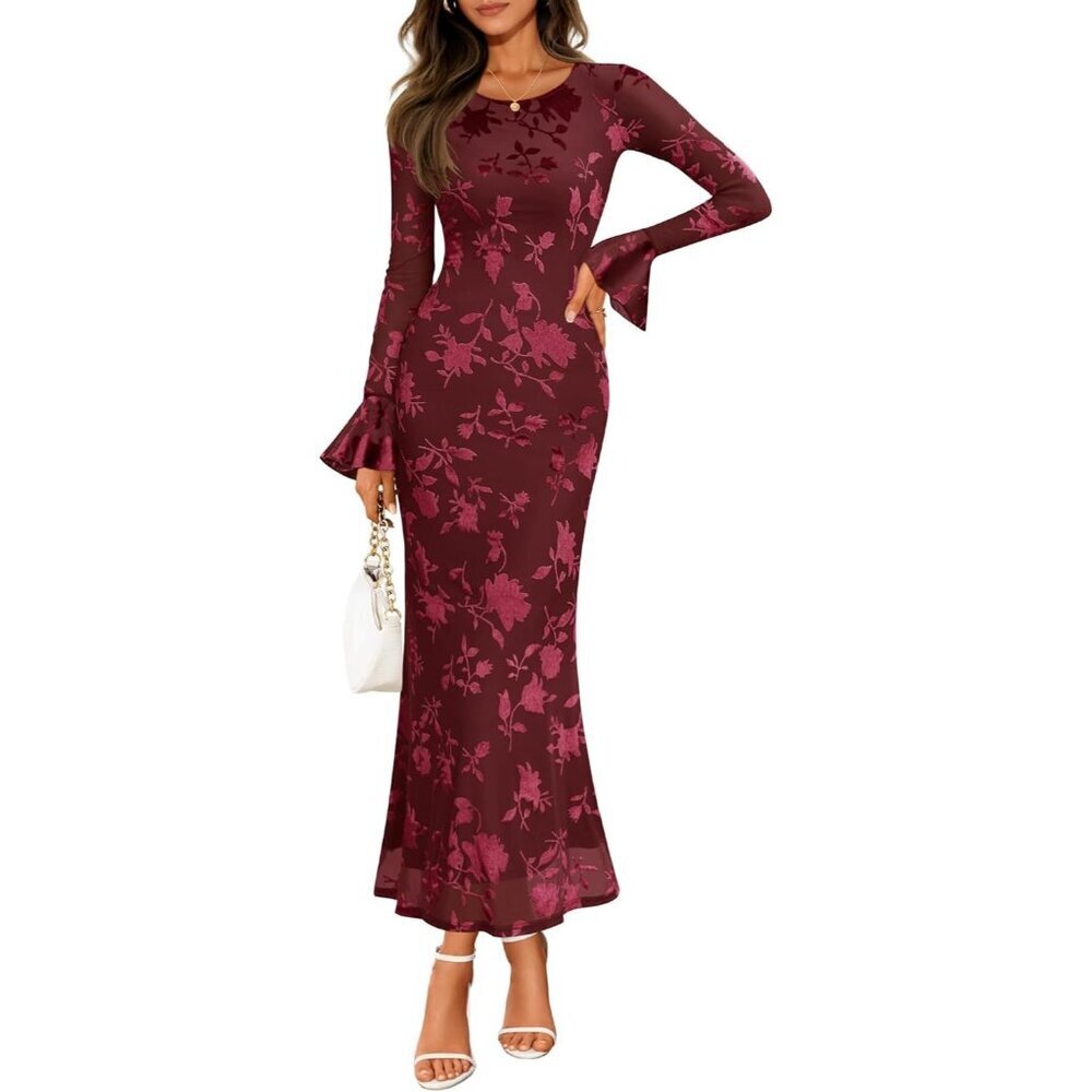 Women's Wine Bell Long Sleeve Floral Maxi Dress Spring Fashion Dresses